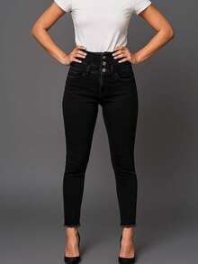 Casual Versatile Solid Color Slim Fit Jeans - Dark Grey - View 1