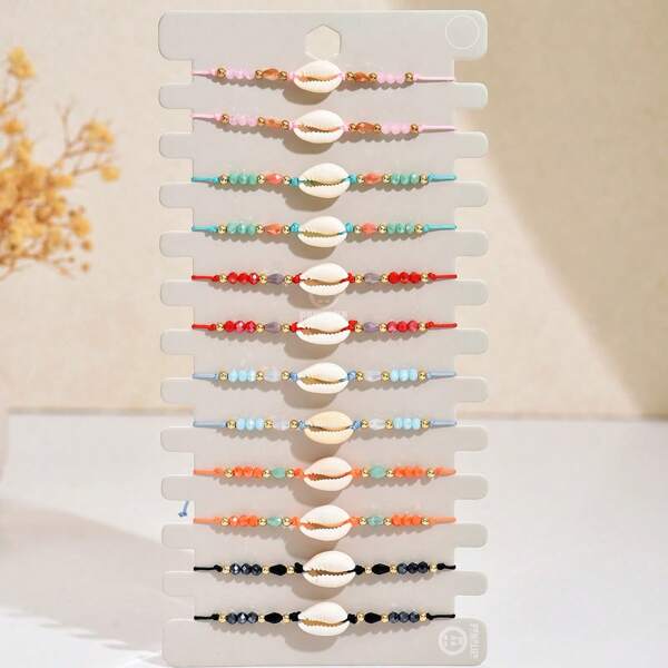 2pcs Bohemian Crystal & Shell Beaded Bracelet, Beach Resort Casual Jewelry For Women
