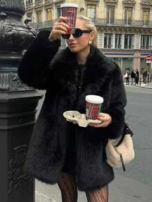 معطف نسائي فاخر بياقة مرتفعة من الفرو الاصطناعي بلون أحادي، جاكيت طويلة فضفاضة كاجوال بأكمام طويلة، ملابس خارجية دافئة سميكة للشتاء - الأسود - مشاهدة 4