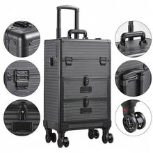 LIVINGANDHOME Living And Home 3-In-1 Luxury Cosmetic Trolley Case - Expandable Makeup Organizer With Lockable Drawers (57cm, Diamond Rose Gold) - Black 37cm W X 24cm D X 56cm H - View 7