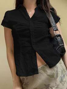 Women's Short Sleeve Back Tie Up Shirts Button Down Plaid Blouses Casual Tshirt Tops - Black - View 1