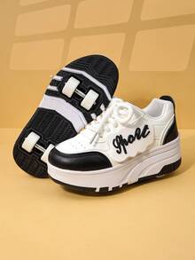 Kids' Roller Skate Shoes With 4 Wheels, Detachable Roller Skating Shoes, Lace-Up Heelys Sneakers, Fashion Casual Shoes For Boys And Girls - Black - View 3