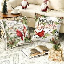 4pcs/280pcs Christmas Theme Pillow Covers, Green Leaf & Red Bird Pattern, Suitable For Christmas Living Room Bedroom Sofa Decor, 45x45cm Pillow Covers, Christmas Party Decoration, Christmas Party Restaurant Decor, Party Atmosphere Decoration, Without Pillow Insert, Suitable For Daily, Holiday, Party - Green Leaves Cardinal - View 2