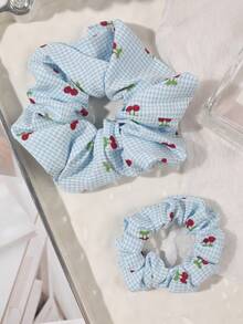 2 件套波西米亚风格针织樱桃蓝格子发圈，甜美柔软高弹力发带，适合春夏季、海滩、马尾辫夹、发圈、洗脸、发饰