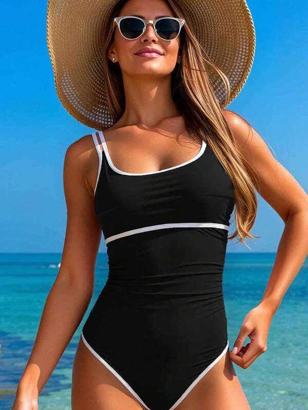 Traje de baño de una pieza de unicolor simple de verano para mujer, ideal para vacaciones en la playa