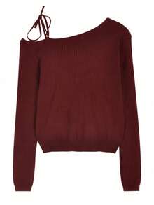 不对称露肩蝴蝶结设计百搭针织毛衣，女士圣诞款 - 酒紅色 - 查看 6