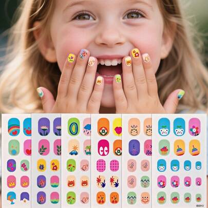 6张（108片）花朵图案可爱蝴蝶结卡通美甲贴纸，粉色兔子儿童美甲贴纸，儿童美甲装饰/儿童礼物