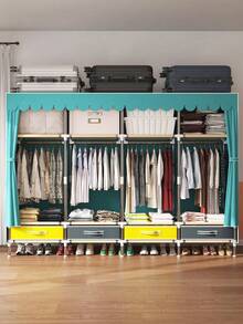 1 Pc Large Capacity Portable Wardrobe, Steel Frame Structure Design With Reinforced Stability, Combination Of Hanging Space And Multi-Layer Storage Area, Bottom Drawer Design For Clothes, Top Space Utilized, Suitable For Home, Bedroom, Efficient Storage Furniture - Multicolor - View 3