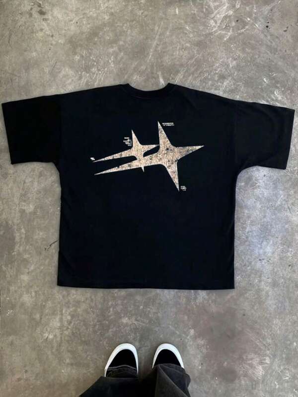 Teen Boy American Street Cartoons Make And Spend A Lot Of Money. Printed Handsome Versatile Casual Black Top T-Shirt