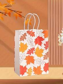 4/8/12 حقيبة هدايا خريفية قابلة لإعادة الاستخدام - حقيبة ورق كرافت مع أنماط أوراق القيقب والقرع، تغليف هدايا موسمي وديكور عيد الحصاد، حقيبة تسوق لمراكز التسوق، حقيبة هدايا حلوى من الورق الكرافت مطبوع عليها أوراق القيقب - متعدد الألوان - مشاهدة 2
