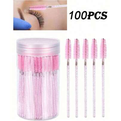 100支水晶粉色睫毛刷，睫毛膏刷带收纳盒，可弯曲一次性眉刷，睫毛嫁接刷，眉刷，蓖麻油刷，眉刷，眼影刷，螺旋刷，赠品