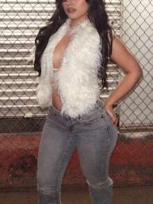 女士时尚 Y2K 性感露背吊带人造毛皮背心，适合日常外出、约会、夜总会派对