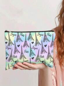 1pc Cartoon Romantic Paris Eiffel Tower Pattern Makeup Bag, Charger Storage, Gift For Friends - Multicolor - View 10