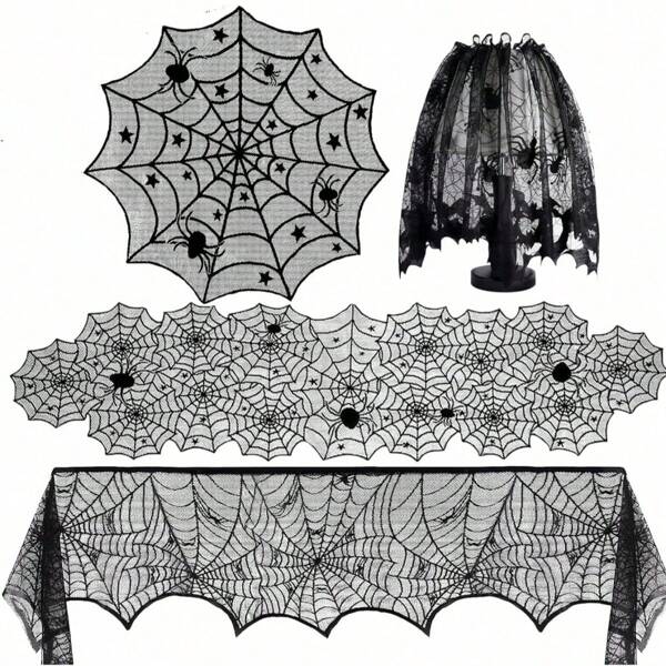 1pc-Halloween Cobweb Fireplace Scarf, Black Lace Spiderweb Mantle Scarf For Halloween Home Party Supplies, Home Decor Halloween Decor Room Decor