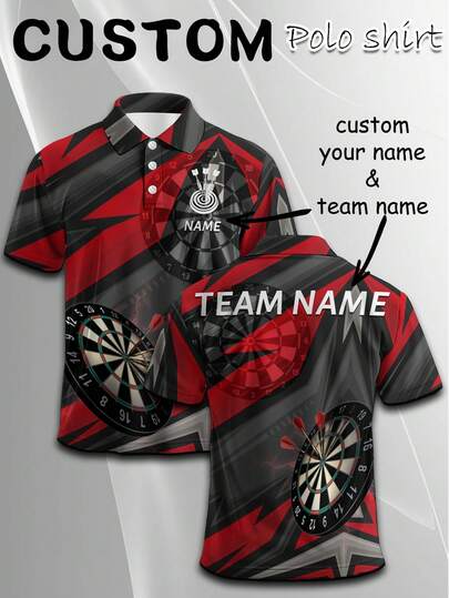 Personalized Darts Jersey For Men - Custom Name & Team Name, Vibrant Contrast Darts Graphic Print, Breathable Summer Short Sleeve, Classic Polo Collar Design, Suitable For Club Matches And Casual Wear, Smooth Fabric