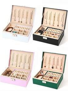 Double Layer Large Capacity Jewelry Box, PU Leather Jewelry Storage Box, Home Jewelry Storage Box, Jewelry Display Box, Solid Color Rectangular Jewelry Storage Box, Dressing Table Jewelry Storage Box, Stackable Storage Box, Keychain Jewelry Box With Removable Tray, Multifunctional Storage For Earrings, Bracelets, Rings, Necklaces, Bedroom Storage Essentials, Back To School Season Essentials, Mom Gifts, Birthday Gifts, Holiday Gifts