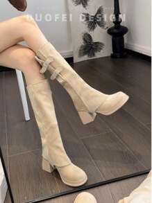 2025新款裸色高跟女靴，秋冬高筒靴，可拆卸短靴设计 - 杏色 - 查看 3