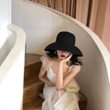 1pc Women's Black Wide Brim Sun Hat, UV Protection Fisherman Straw Hat For Summer