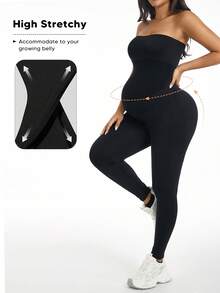 孕妇托腹连体衣，可扩展腹部，时尚高弹，带防滑硅胶条，黑色夏季款 - 黑色 - 查看 5
