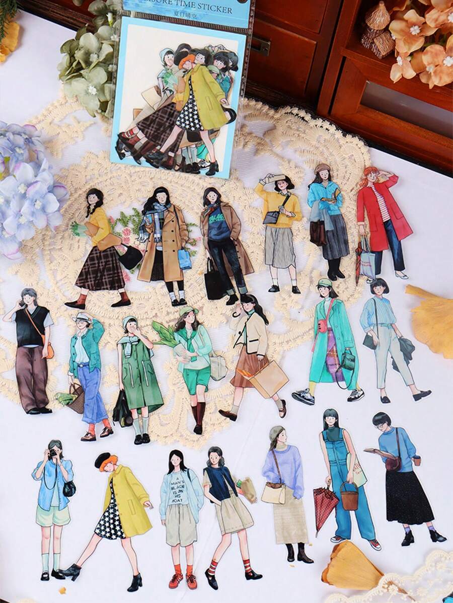40张韩式卡通人物时尚PET贴纸，休闲时光系列4包卡通贴纸，风景装饰，剪贴簿DIY材料，自粘剪贴簿用品文具