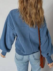 Acelitt Winter Women's Solid Color Plush Off Shoulder Bat Sleeve Patchwork Casual Round Neck Sports Shirt