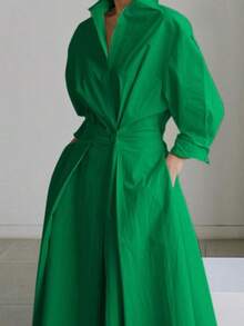 Women's 100% Cotton Casual Plus Size Dresses 2025 Autumn New Loose Lapel Buttoned Pleated Long Sleeves Woman Clothes Simple Fashion Shirt Dresses