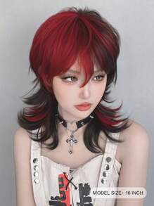 NAMM 12 英寸黑色挑染红狼剪短假发，带刘海，适合女士，自然蓬松，非常柔软，合成耐热纤维发丝，全机制作漂亮卷发假发，适合女孩日常、音乐节派对街头穿着、角色扮演动漫或服装使用（自然分层纹理且轻盈）