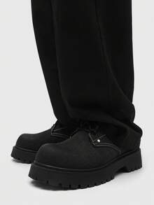 复古圆头厚底男士正装鞋，系带英伦风格男士正装鞋，派对婚礼时尚耐用休闲男士皮鞋 - 黑色 - 查看 4