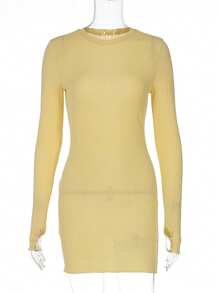 Women Solid Yellow Casual Elegant Long Sleeves Street Night Out Vacation Dress - Yellow - View 1