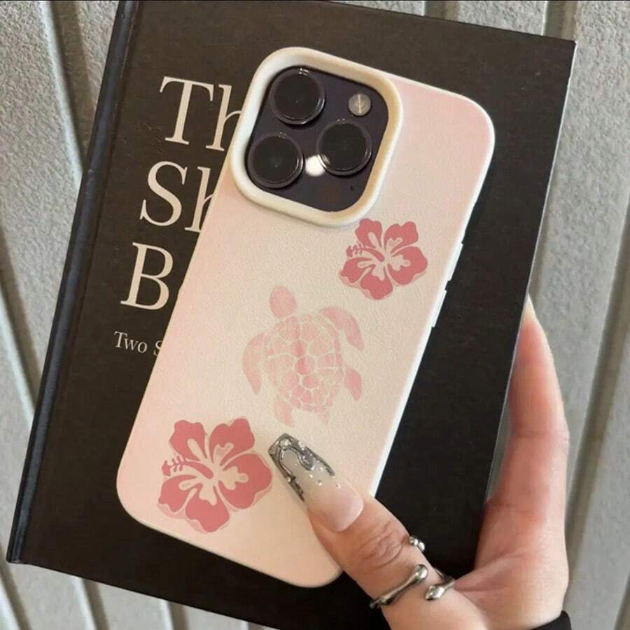 1 chiếc ốp lưng điện thoại bằng chất liệu TPU, họa tiết hoa dâm bụt hồng dễ thương và hình rùa biển, tương thích với điện thoại Apple/, phiên bản quốc tế, không phải phiên bản nội địa. - trắng - Xem 1