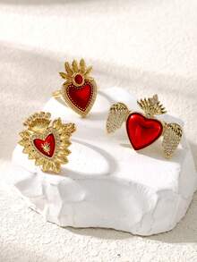 1pc Fashionable Creative Elegant Design Copper Inlaid Synthetic Asymmetric Teardrop Heart Ring, Suitable For Women, Sisters, Couples As Jewelry Gift, Also Suitable For Valentine's Day, Daily Gathering, Date, Party, Banquet, Wedding, Holiday, Summer Beach Vacation And Other Occasions, Red Accessory - Ring - View 13