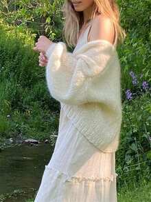 Women's Fuzzy Knit Sweater Long Lantern Sleeve Open Front Solid Color Cardigan Fall Coat - White - View 5