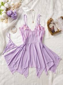ROMWE Kawaii Unlock The Mysterious Light Purple Embroidered Sheer Nightgown, Gently Wrapping The Charming Figure, Sexy Asymmetric/Asymmetrical Sheer Thong, Going Out, For Valentine's Day