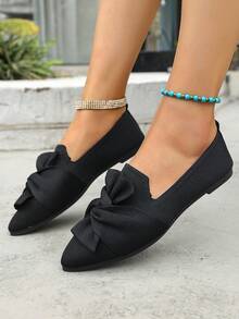 Women's Pointed Toe Bow Ballet Flats, Comfortable Slip-On Knit Flat Shoes For Spring & Autumn - Black - View 1