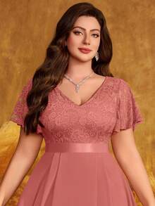 优雅 V 领蝴蝶袖花卉蕾丝撞色雪纺高低下摆正式舞会晚会摇摆礼服、返校节礼服、婚礼宾客礼服，适合生日、毕业典礼、晚宴 - 藕粉色 - 查看 8