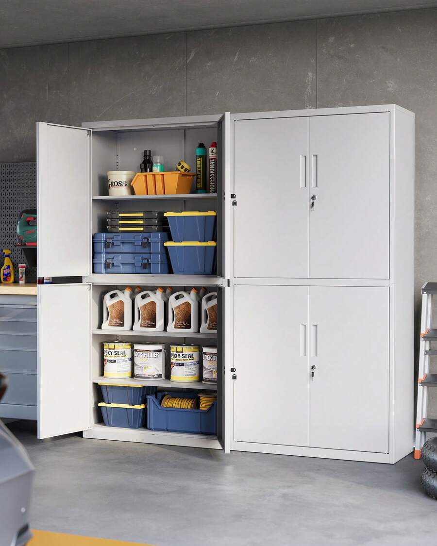 Armoire de Garage à 5 Étagères avec 4 Portes, Armoire de Bureau, 40 x 80 x 180 cm, 2 Serrures, Étagères Réglables, en Métal, Gris Mat - Gris - Voir 1