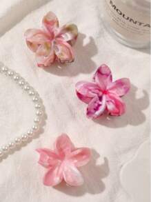 3pcs/6pcs Set Summer Marble Pattern Glossy Pink Daisy Flower Sweet Cute Small Hair Claw Bangs Clip Ponytail Holder Hair Accessories