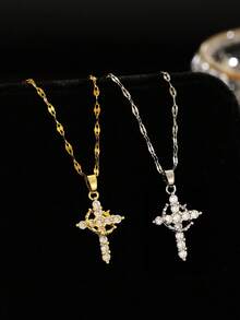 1 件闪亮不锈钢链金色皇冠十字架铜和锆石吊坠项链适合女士时尚街头派对珠宝宗教基督教礼物黄金首饰 - 彩色 - 查看 3