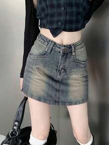 Chân váy ngắn chữ A denim cổ điển, dáng ôm body tôn dáng, thiết kế chống lộ hàng - Màu xanh lam - Xem 2