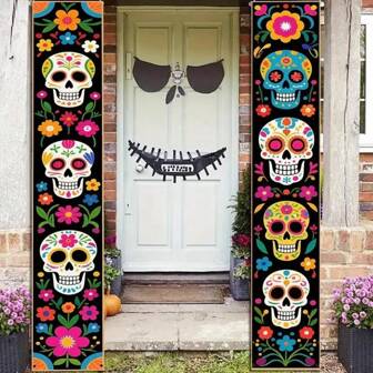 [Pancarta para fiesta del Día de los Muertos] Diseño colorido con calavera, flores y otros elementos, decoración colgante para la celebración del Día de los Muertos, sin necesidad de electricidad