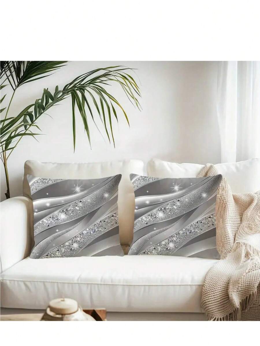 2 piezas Funda de cojín con patrón de cuentas brillantes de estilo bohemio geométrico, 45x45cm, cuentas de poliéster de lujo plateadas y negras translúcidas, cierre con cremallera, funda de almohada decorativa de estilo rústico adecuada para todo tipo de habitaciones, lavable a máquina - Inserto de almohada no incluido, funda de almohada decorativa para todas las estaciones