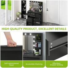 Dressing Table With Stool, Classic Style Vanity Desk With Adjustable 3-Colour LED Lights, Black - Black - View 4