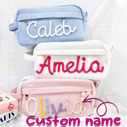 1pc Customized Knitted Name Pencil Case, Personalized Corduroy Pencil Pouch, Back To School Gift, Letter Pencil Box, Girls Birthday Gift Pencil Case, Boys/Girls Birthday Present, Multi-Functional, Decorative, Alphabet, Fashionable, Modern, Colorful, Cute, Casual, Customized, Personalized, Unique, Ideal Gift For Him/Her ,Travel Organizer