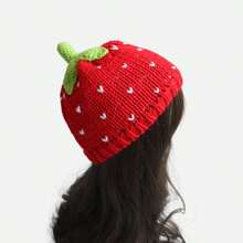 1pc Adorable Red Strawberry Design Knitted Beanie Hat For Women, Handmade Crochet Warm Cap For Autumn & Winter Daily Casual Wear Hat Valentine's Day