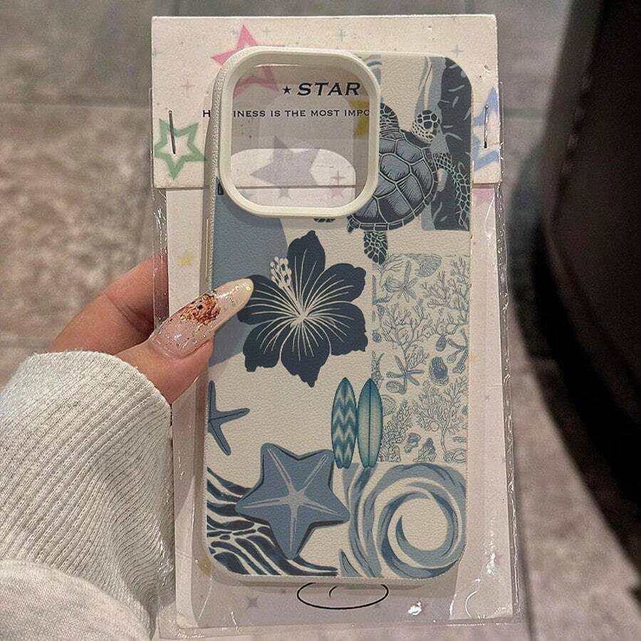 1 pieza Funda de teléfono con patrón de tortuga marina de ola floral elegante de material TPU azul, compatible con iPhone/teléfonos, versión internacional, no la versión nacional - Blanco - Ver 1