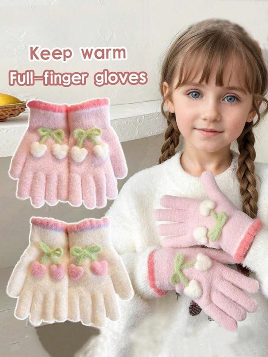 1 Pair Kids Winter Full Finger Gloves, Girls Warm Thermal Lined Thick Windproof Knitted Mittens For Outdoor Snow Play, Suitable For 6-12 Years Old - Cherry Full Finger Gloves - View 1