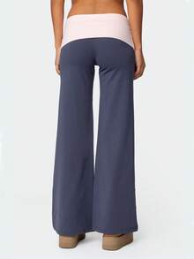 Wide Leg Yoga Pants For Women Y2K Low Waist Fold Over Loose Lounge Flare Leggings Sweatpants - 藍色 - 查看 6