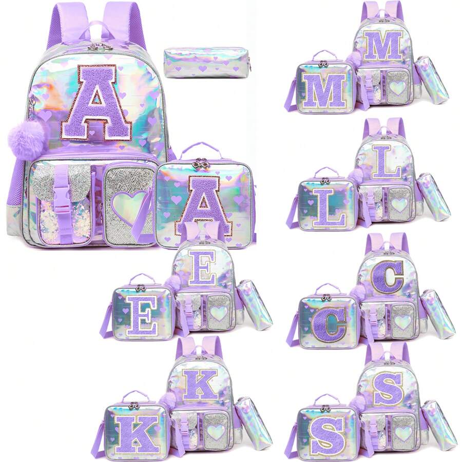 Backpack For Girls Purple Love Printed Letter Backpack For Primary School Return To School(The Size And Font Of The Letters Are Random)