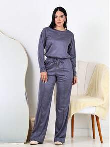 Women's Winter Set: Wide Leg Pants And Long Sleeve Suede Top, Elegant And Comfortable - Xám - Xem 3