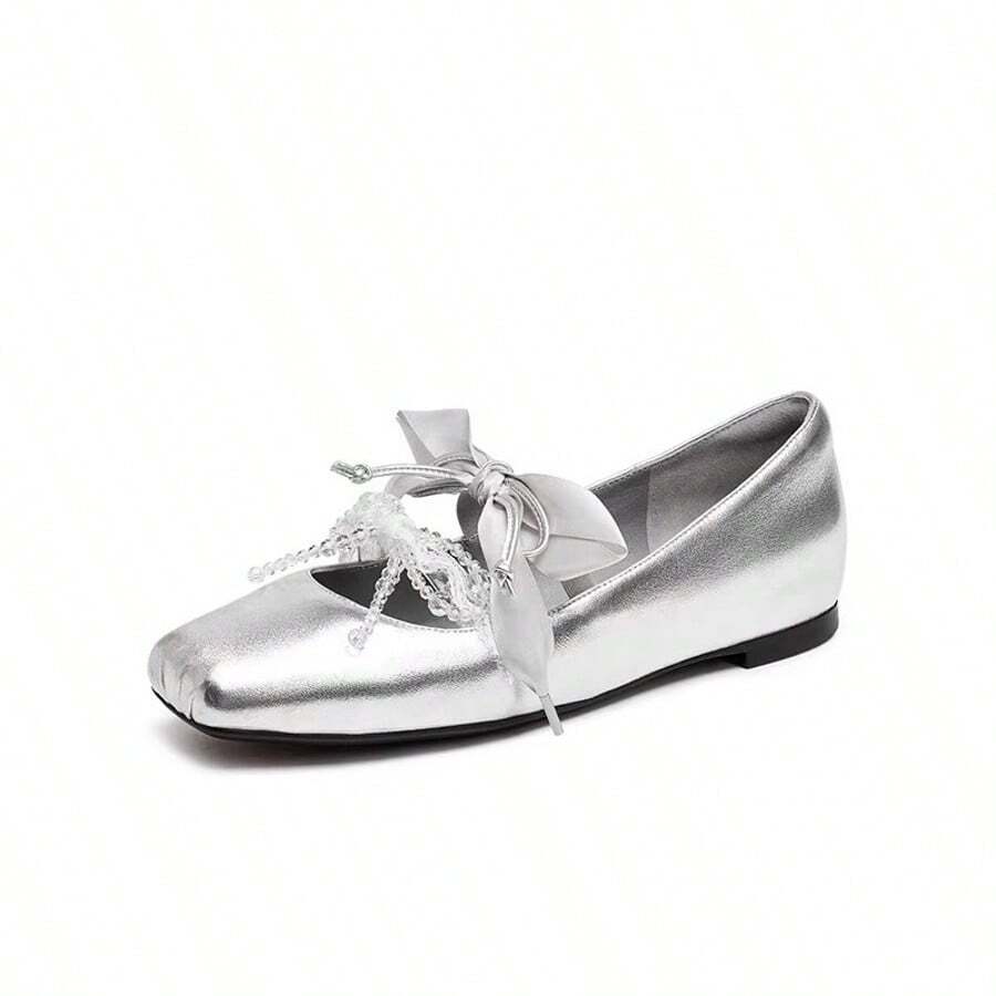 Silver Square Toe Ballet Style Flat Shoes For Women